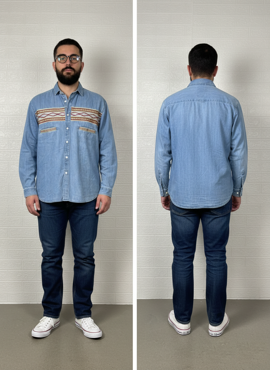 ASOS Men’s Shirt – Blue Denim with Aztec Print Size XL