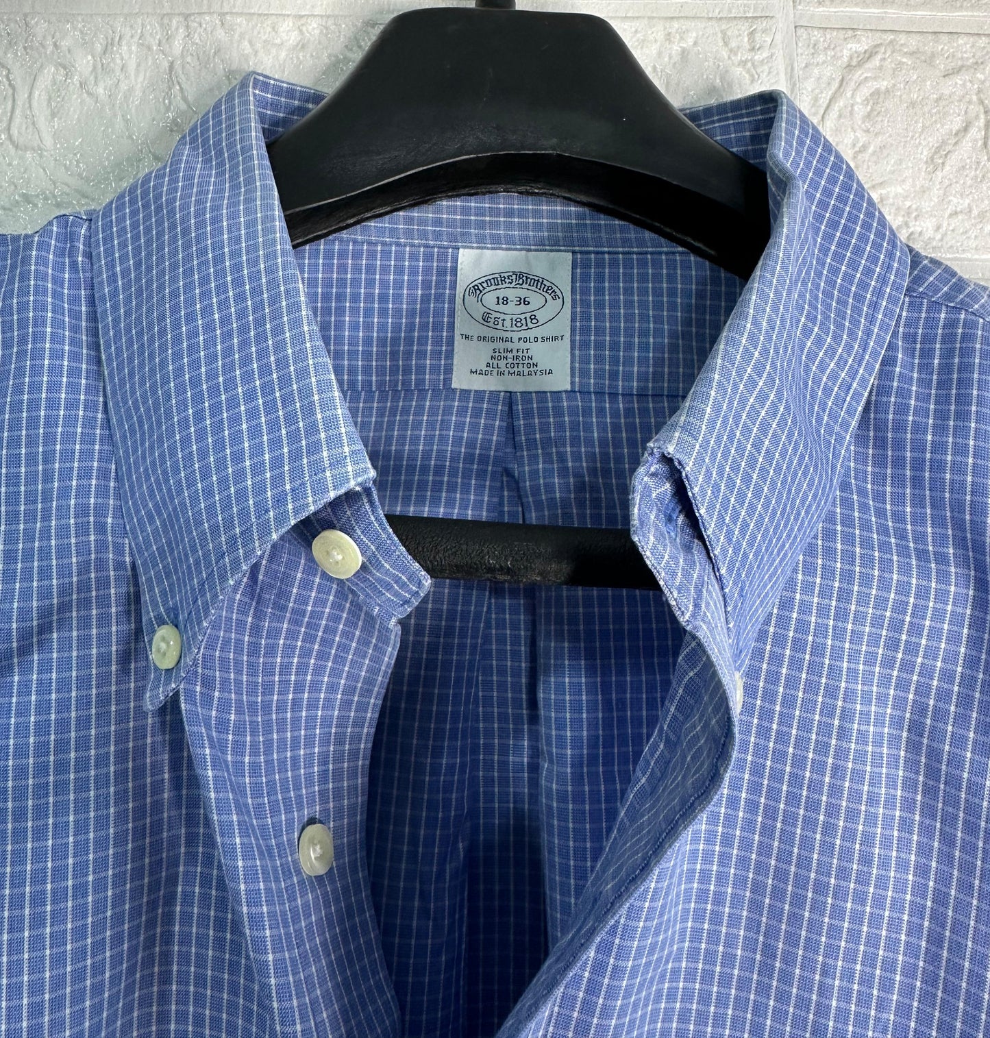 Brooks Brothers 18-36 Original Polo Shirt | Blue Micro Check | Non-Iron 100% Cotton | Classic Fit | Made in Malaysia