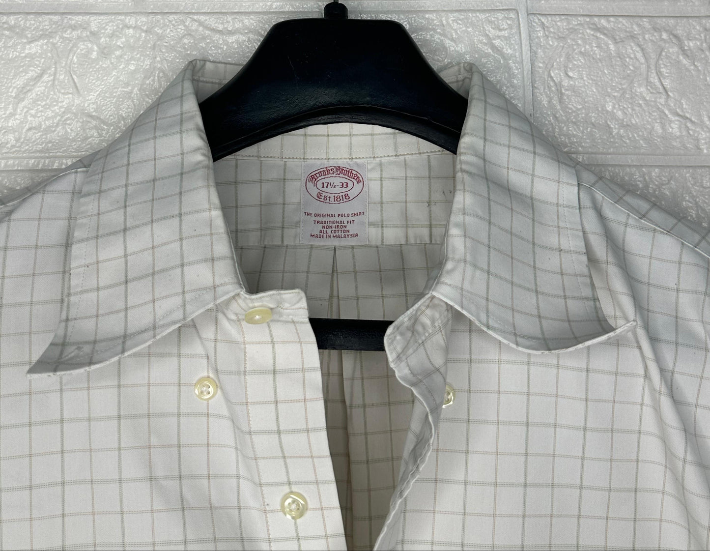 Brooks Brothers Traditional Fit Original Polo Dress Shirt | White with Beige Windowpane | Size 17½-33