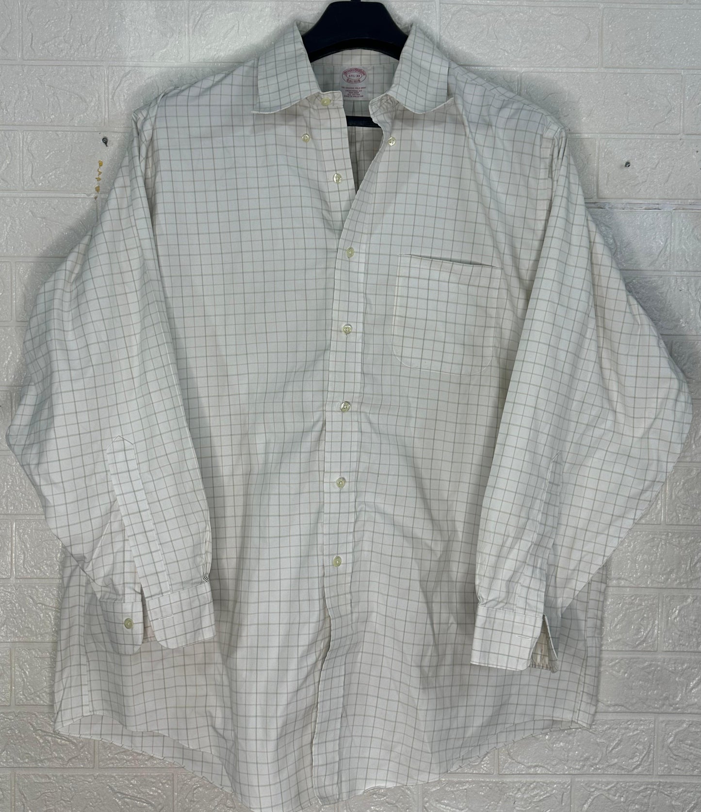 Brooks Brothers Traditional Fit Original Polo Dress Shirt | White with Beige Windowpane | Size 17½-33