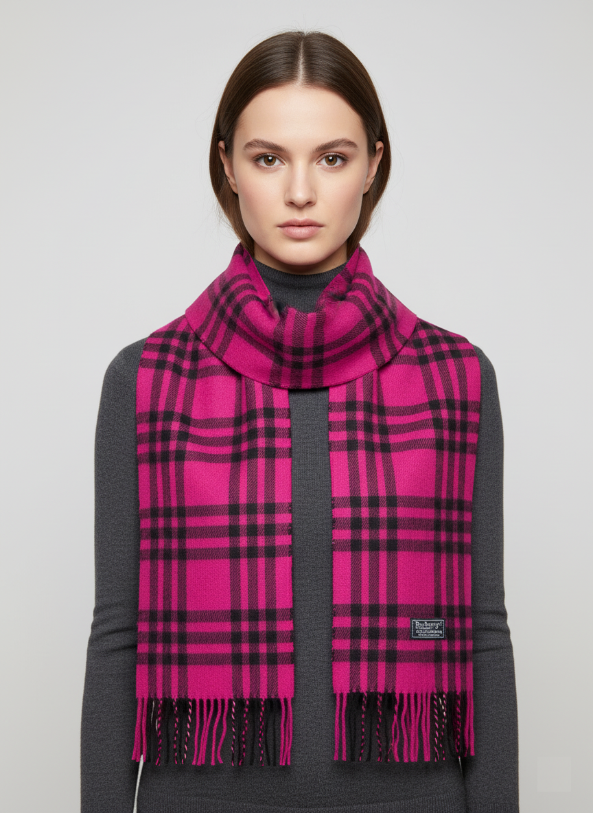 Burberrys Pink & Black Tartan Wool Scarf – 100% Pure Lambswool Checked Muffler