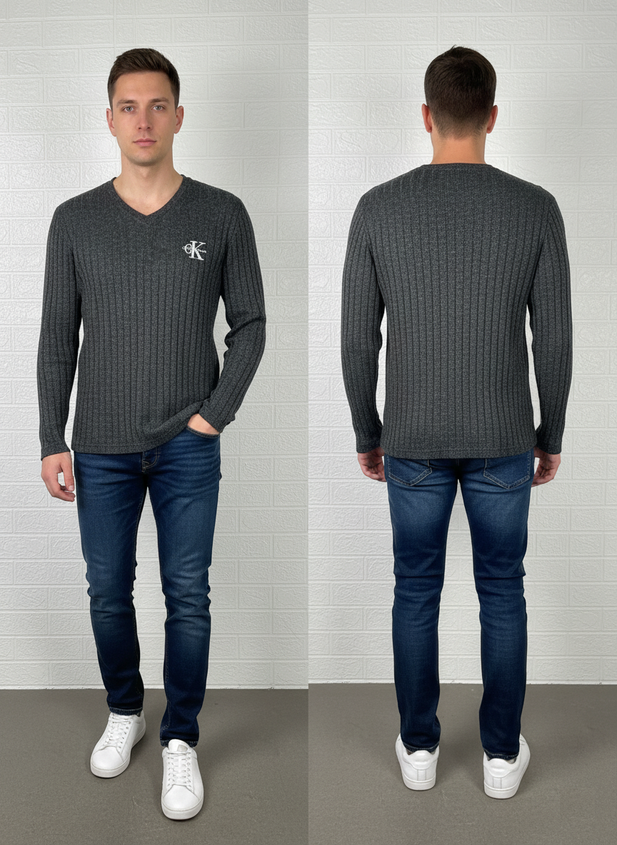 Calvin Klein Jeans Ribbed V-Neck Sweater L - Grey Heathered Knit Pullover
