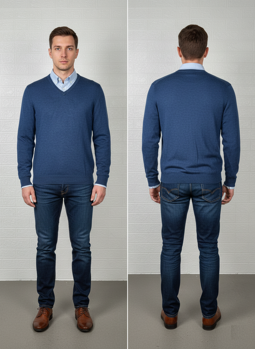 Calvin Klein Navy V-Neck Sweater L - 100% Merino Wool Pullover for Men