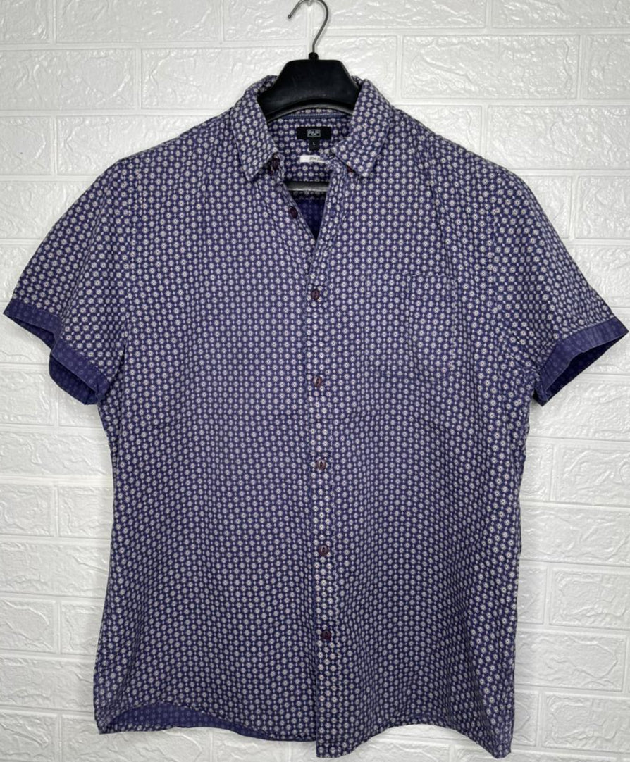F&F Men’s Shirt – Blue Printed Short Sleeve Casual Wear
