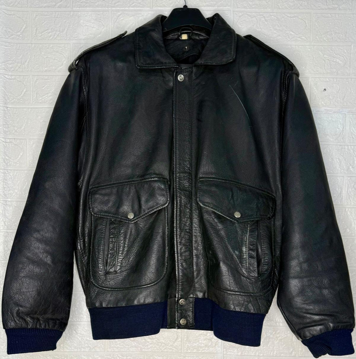 Vintage Black Leather Bomber Jacket | Hand-Painted Tiger Design | Men’s Large