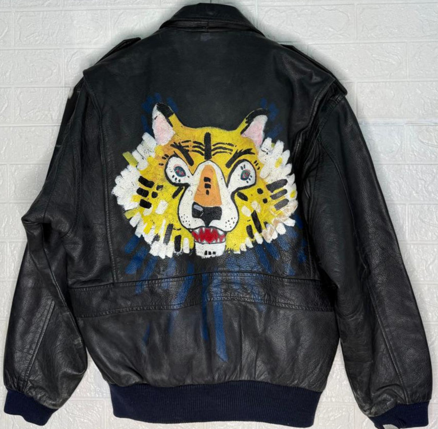 Vintage Black Leather Bomber Jacket | Hand-Painted Tiger Design | Men’s Large