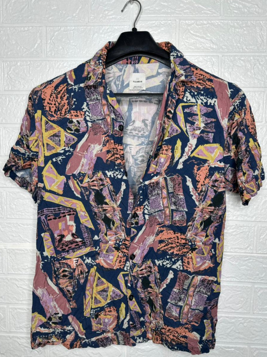 Pull & Bear Men’s Shirt – Multi-Color Printed Short Sleeve