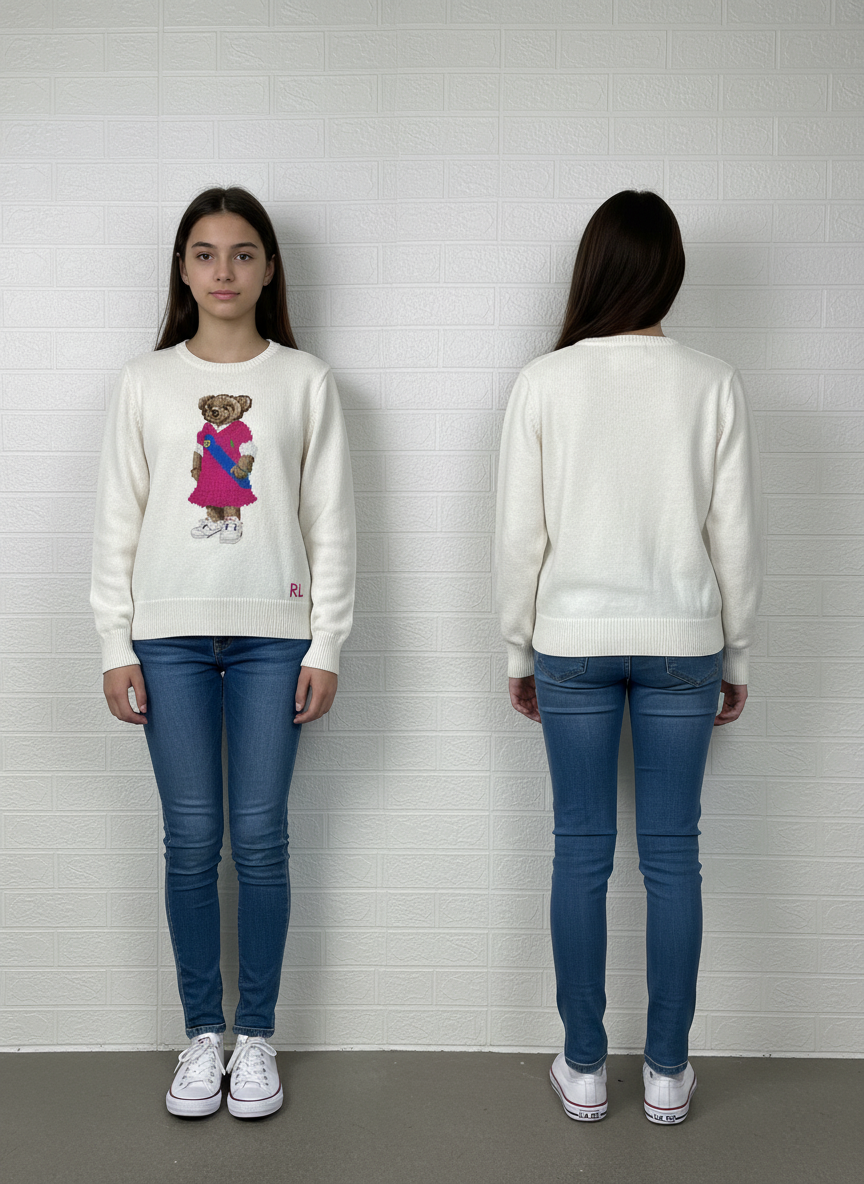 Ralph Lauren Polo Bear Sweater | Size L/G (12–14) | White Knit Pullover | Iconic Preppy Style | Vintage Y2K Polo Bear Crewneck | Pre-Owned