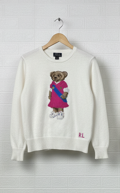 Ralph Lauren Polo Bear Sweater | Size L/G (12–14) | White Knit Pullover | Iconic Preppy Style | Vintage Y2K Polo Bear Crewneck | Pre-Owned