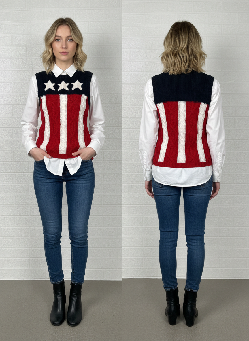 Tommy Hilfiger Handknit American Flag Sweater Vest M - Red White Blue Knitted Top