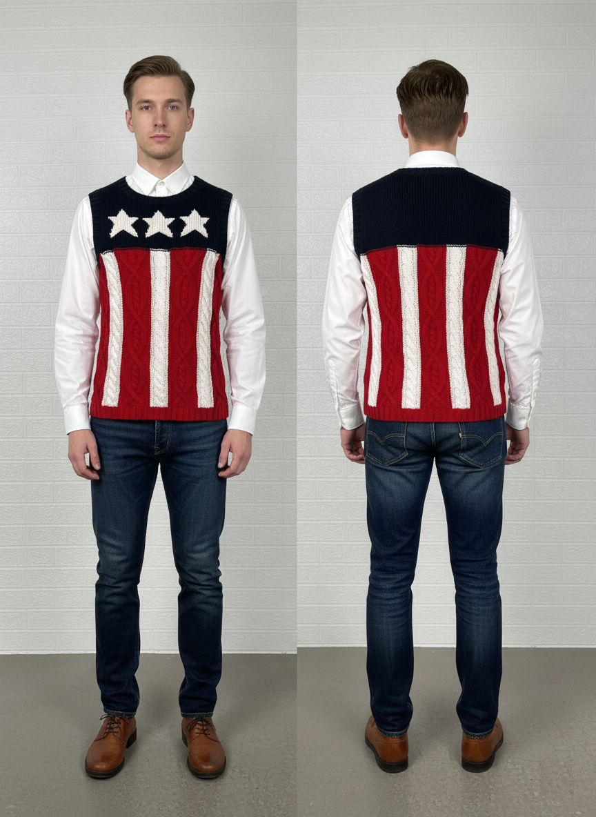 Tommy Hilfiger Handknit American Flag Sweater Vest M - Red White Blue Knitted Top