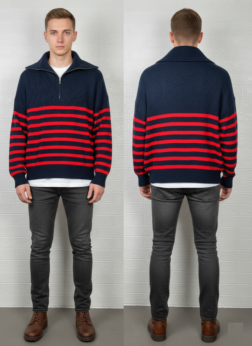 Zara Men's Half-Zip Sweater – Navy Blue & Red Size Large