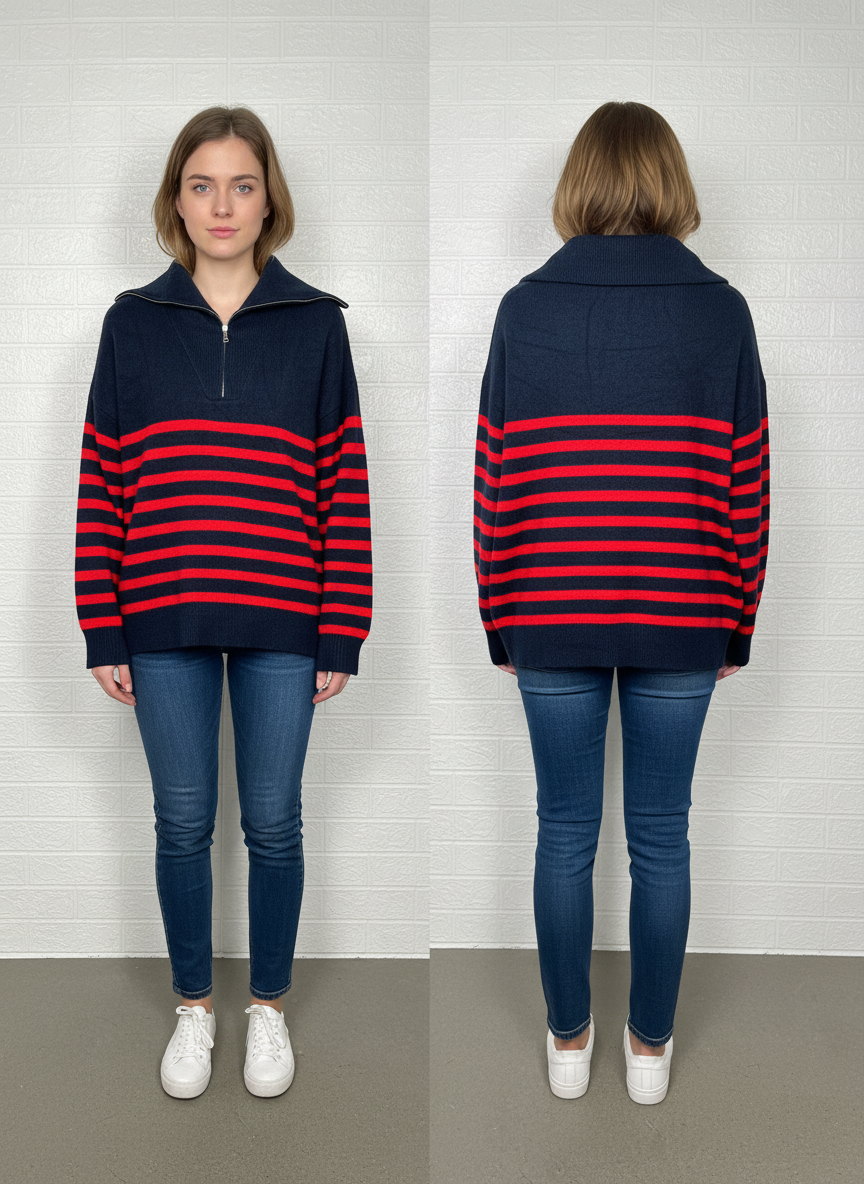 Zara Men's Half-Zip Sweater – Navy Blue & Red Size Large