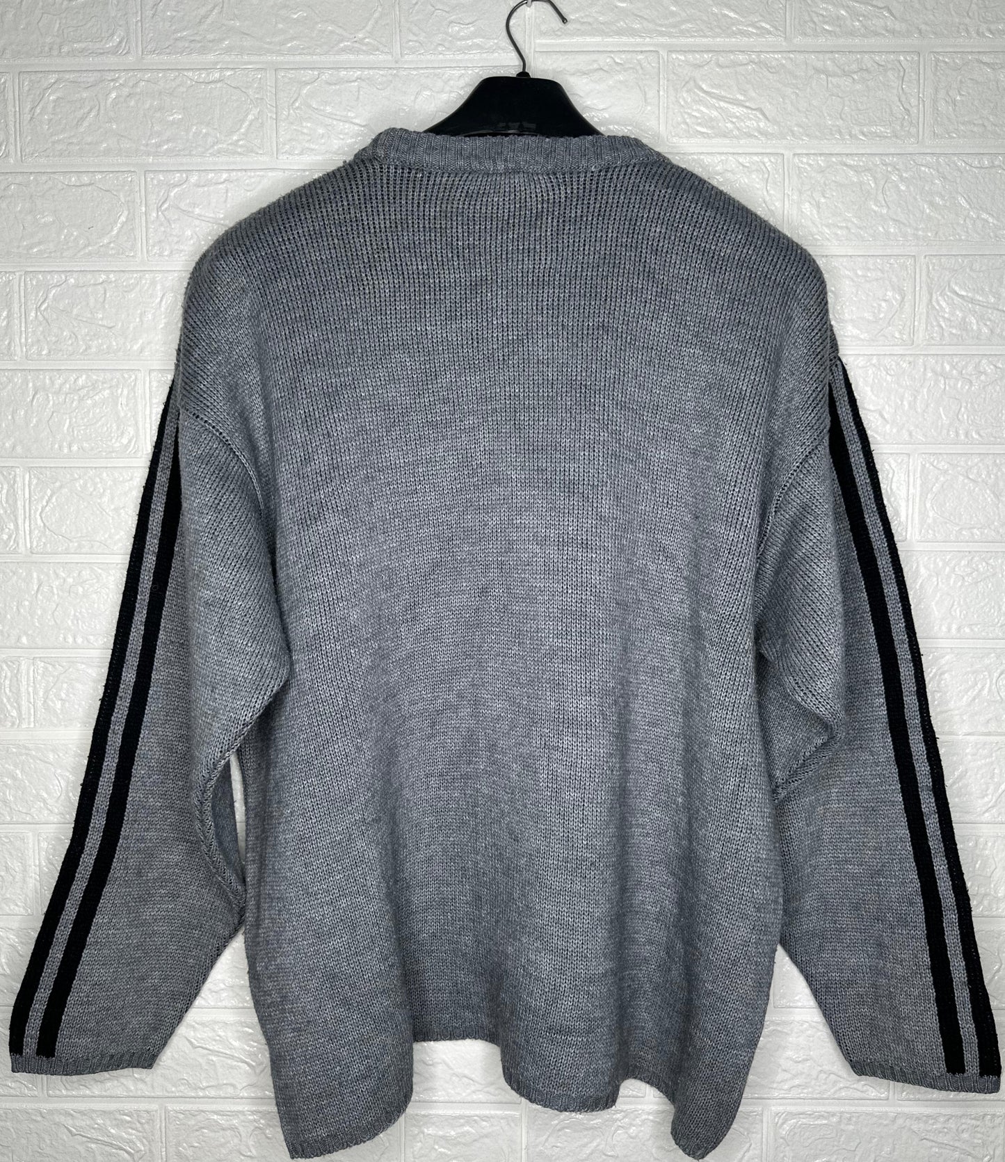 Adidas Knit Sweat Shirt – Grey with Black Sleeve Stripes – Size Large