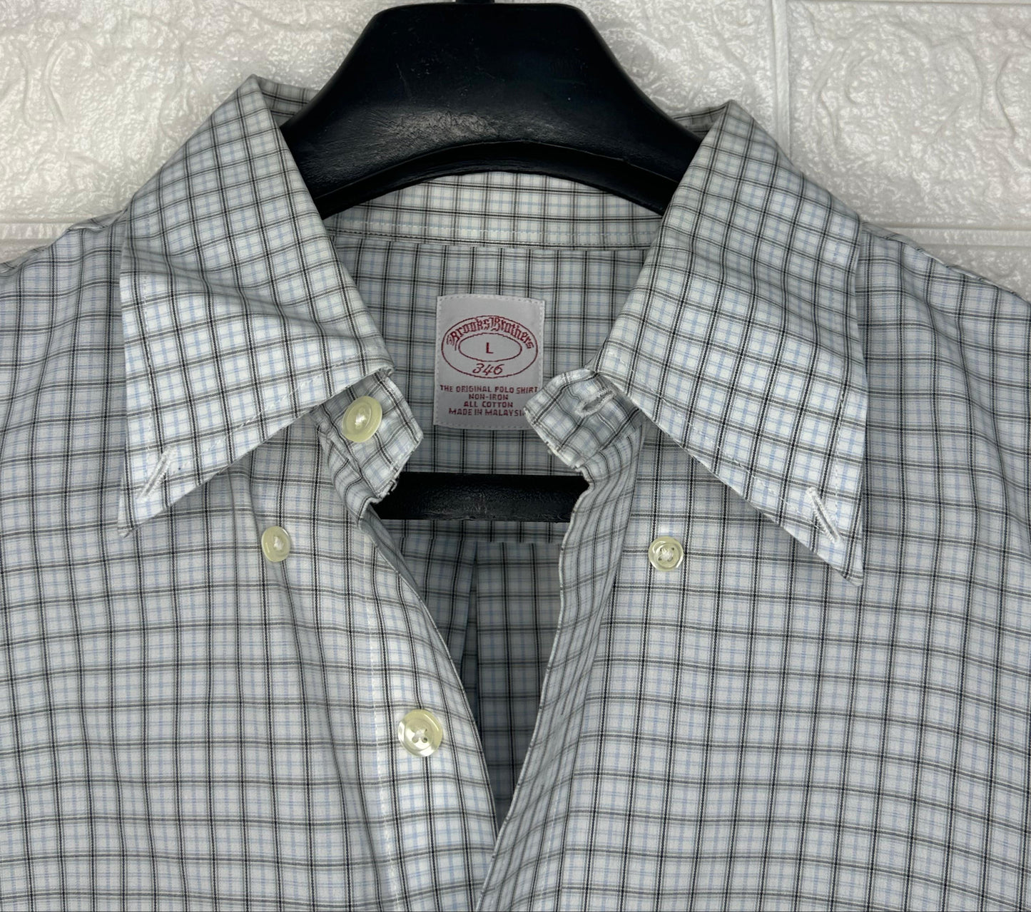 Brooks Brothers L Dress Shirt | Grey Check Original Polo | 100% Cotton Classic Fit | Made in Malaysia | Pre-Owned Men's Shirt