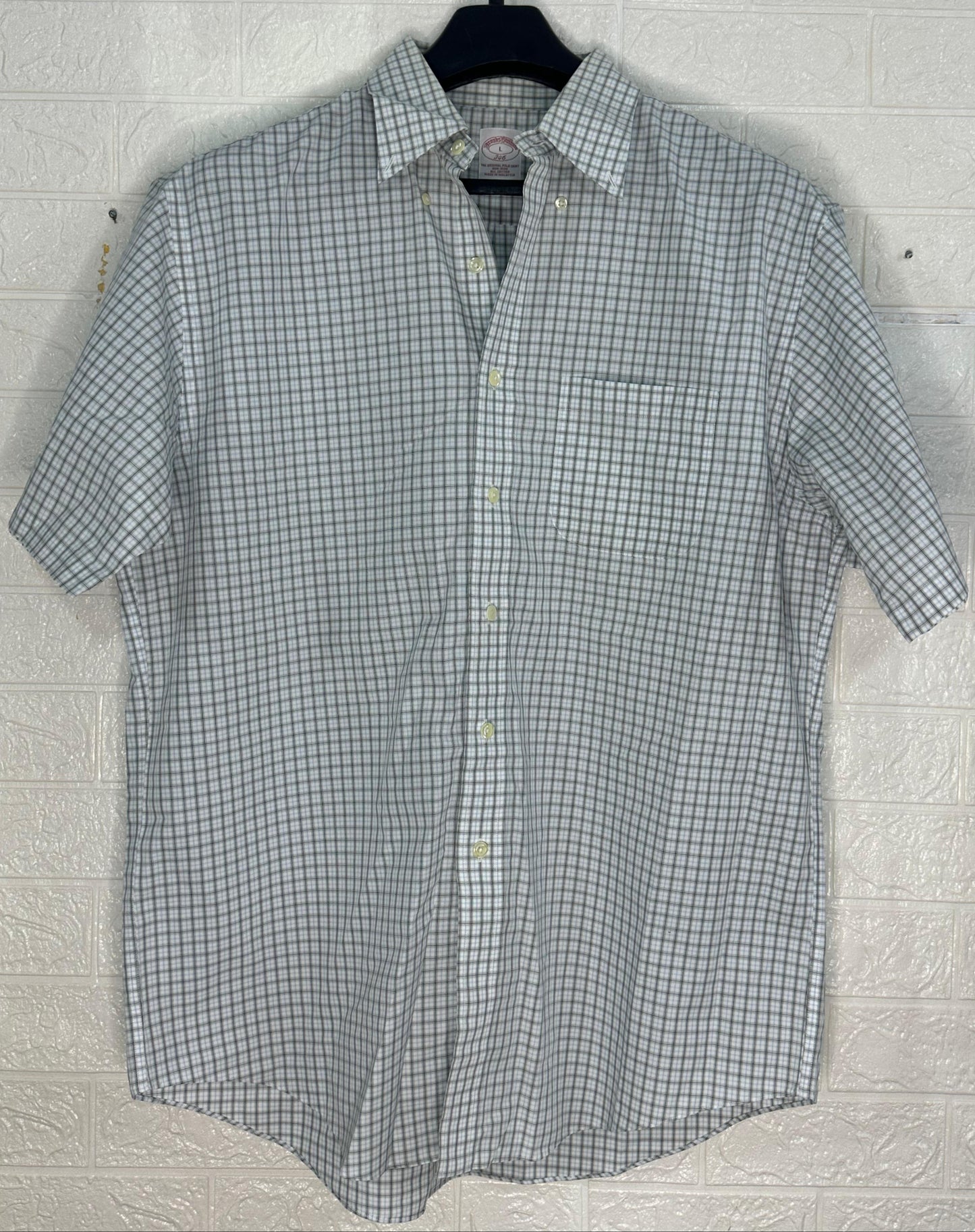 Brooks Brothers L Dress Shirt | Grey Check Original Polo | 100% Cotton Classic Fit | Made in Malaysia | Pre-Owned Men's Shirt