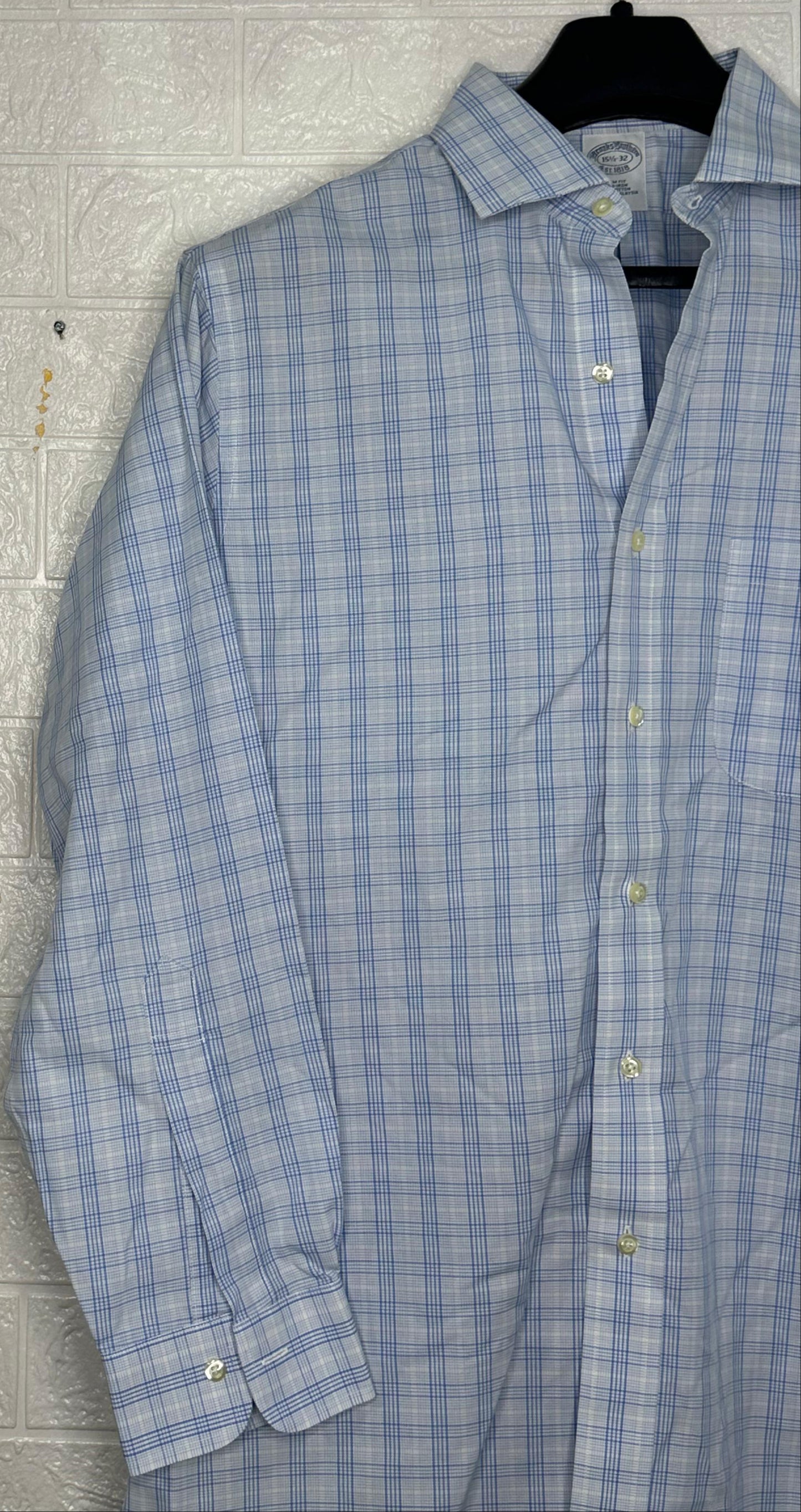 Brooks Brothers 15.5-32 Slim Fit Non-Iron Dress Shirt | Blue Check | 100% Cotton | Made in Malaysia | Formal Business Shirt