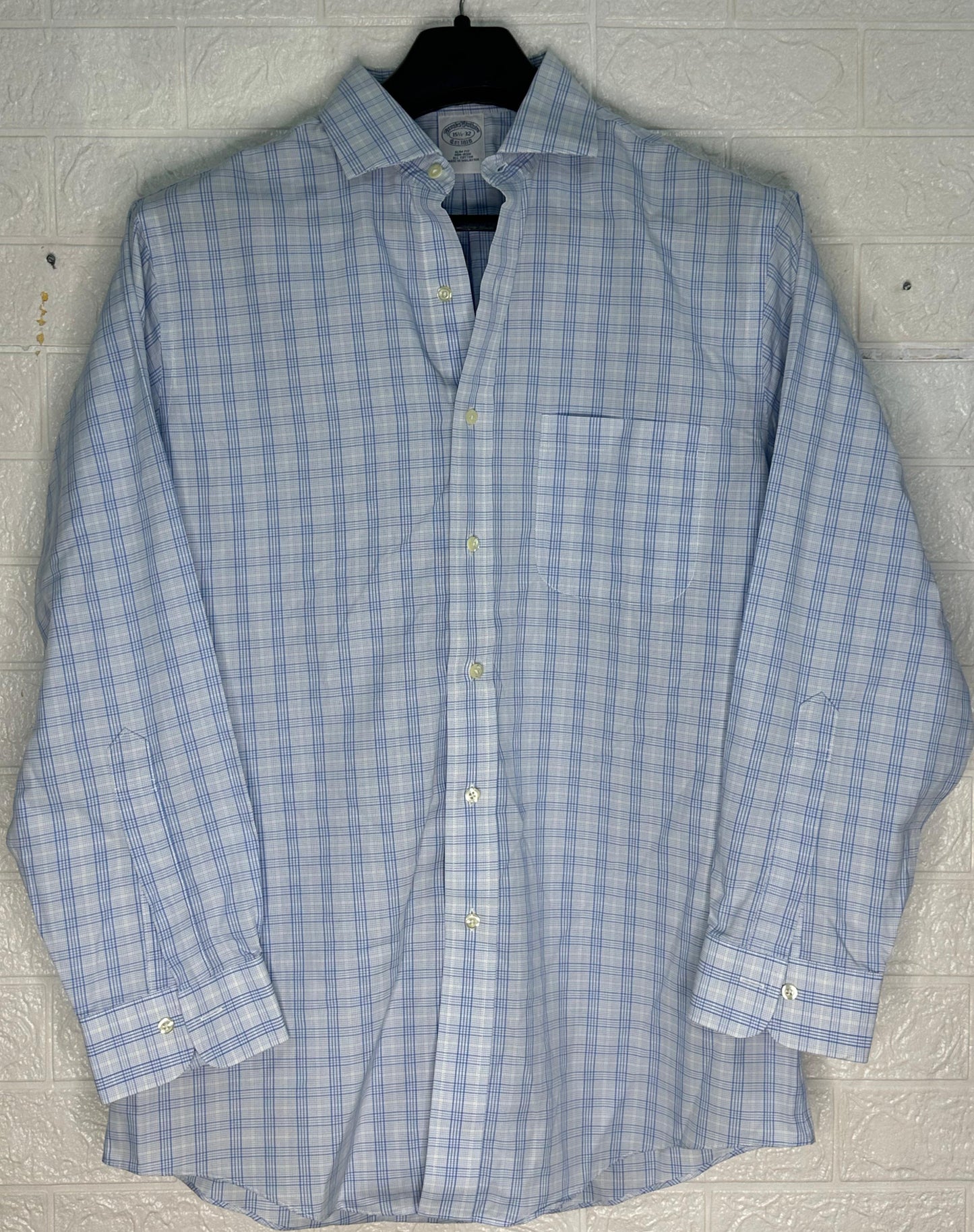 Brooks Brothers 15.5-32 Slim Fit Non-Iron Dress Shirt | Blue Check | 100% Cotton | Made in Malaysia | Formal Business Shirt