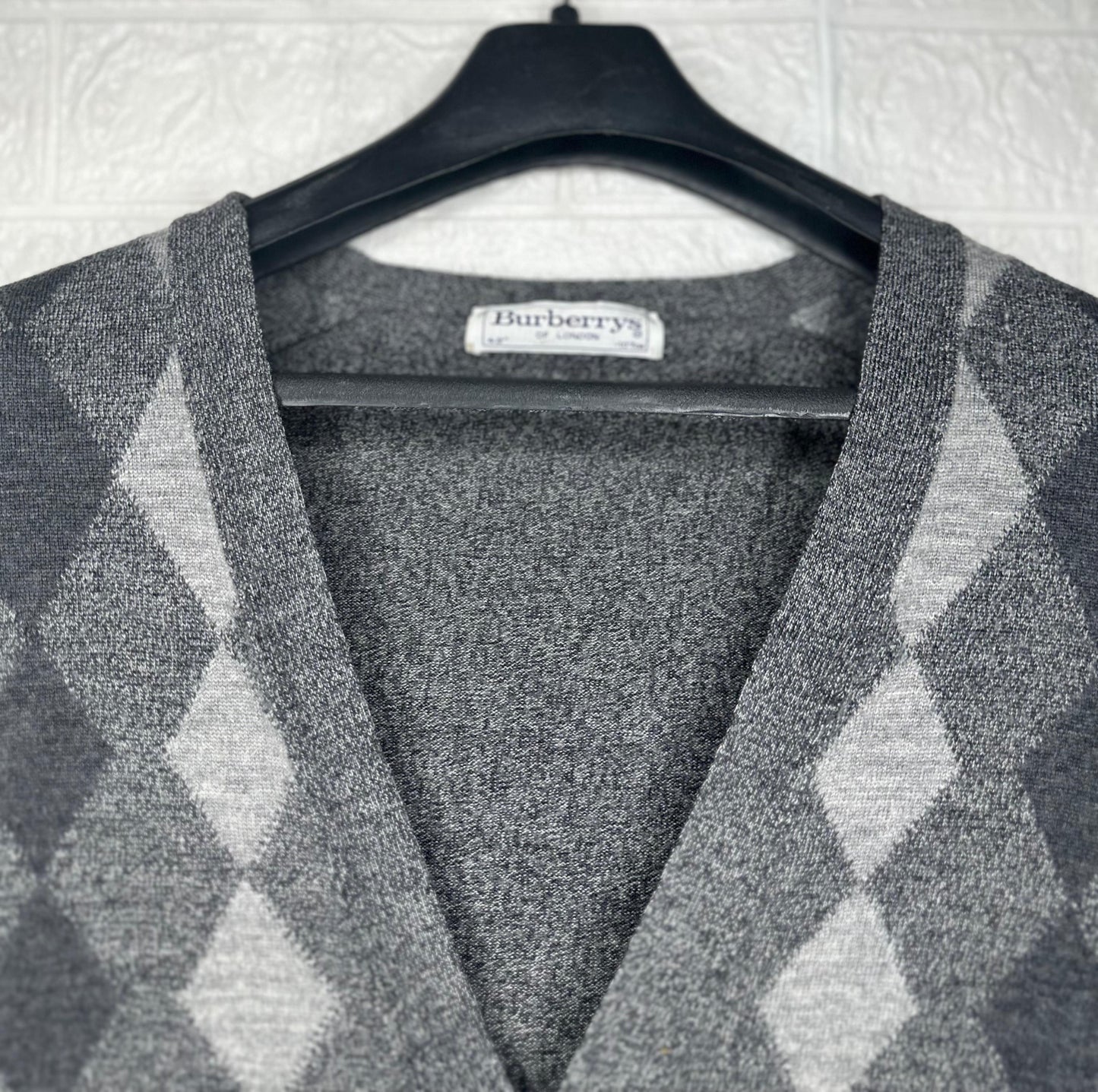 Vintage Burberrys Argyle Knit Cardigan | Gray Wool Blend Sweater | Size Chest 43” / 107 cm