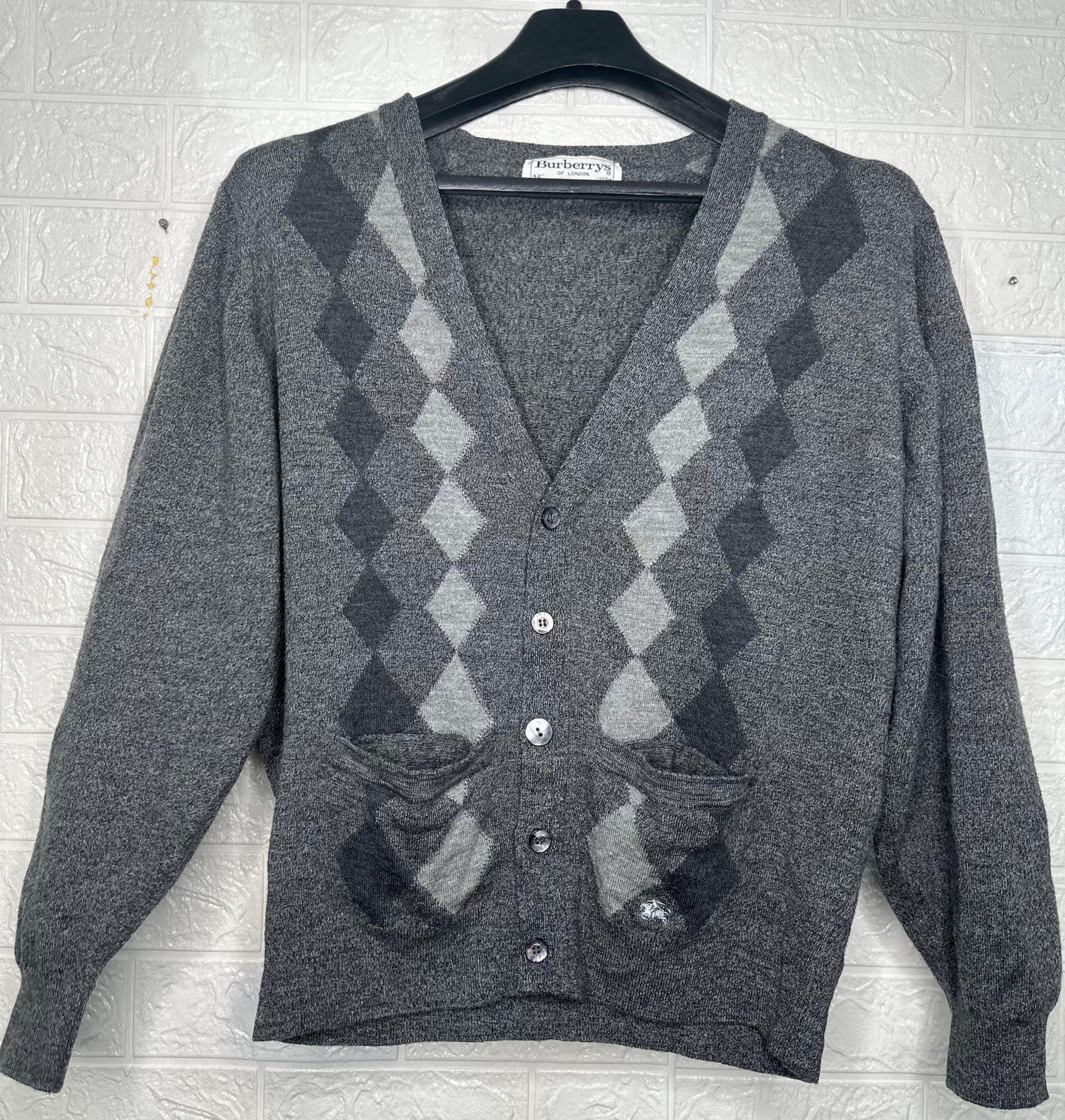 Vintage Burberrys Argyle Knit Cardigan | Gray Wool Blend Sweater | Size Chest 43” / 107 cm