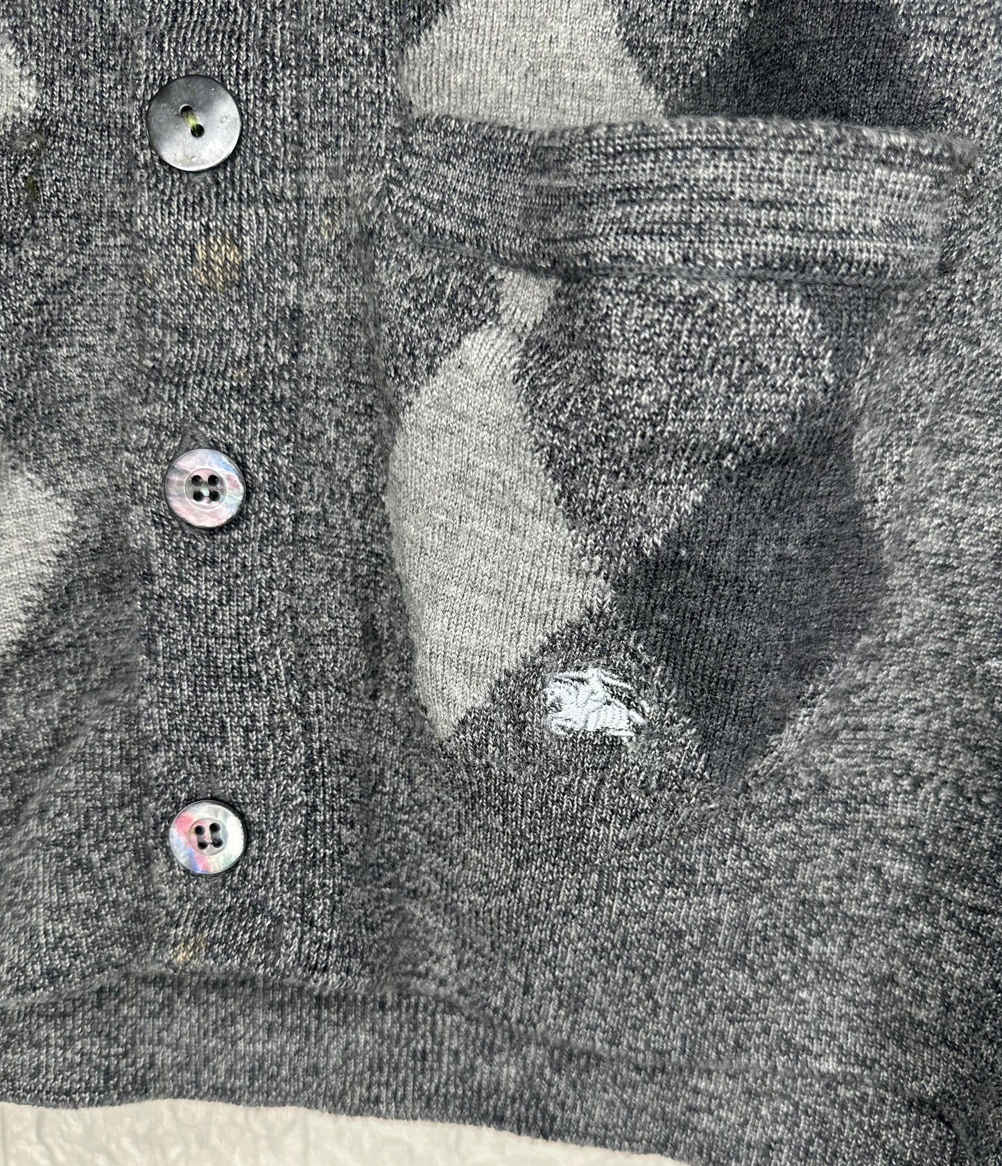 Vintage Burberrys Argyle Knit Cardigan | Gray Wool Blend Sweater | Size Chest 43” / 107 cm