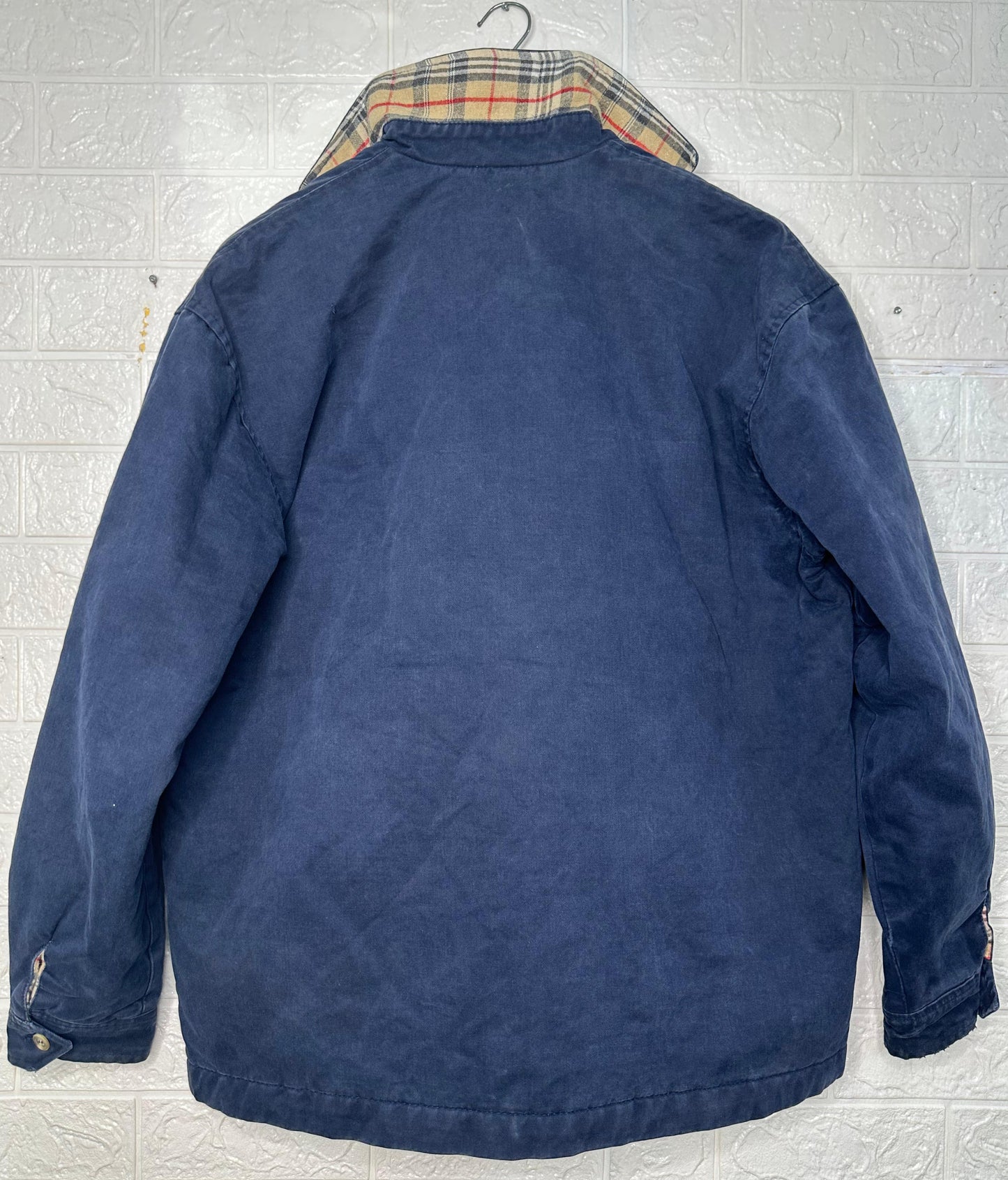 Burberry Men’s Navy Blue Jacket – Vintage Harrington Style with Nova Check Lining, Size Large