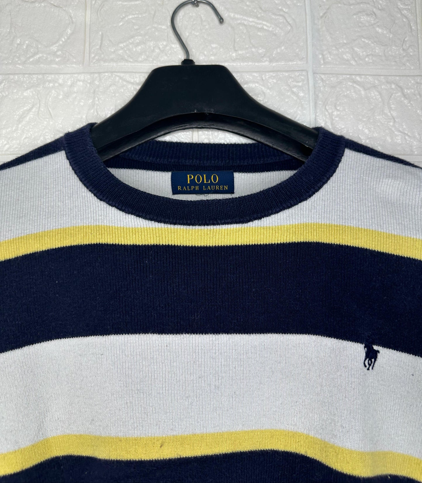 Polo Ralph Lauren Striped Crewneck Sweater – Navy, White & Yellow – Men’s Size M
