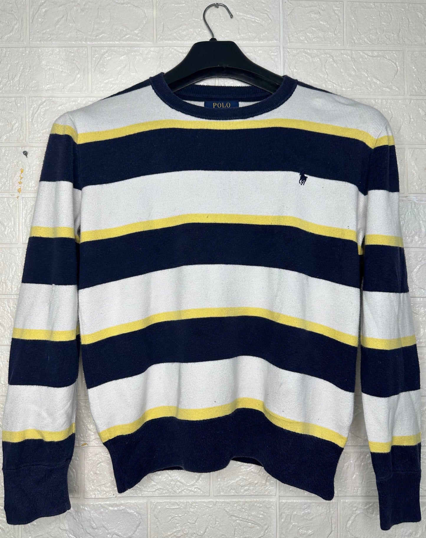 Polo Ralph Lauren Striped Crewneck Sweater – Navy, White & Yellow – Men’s Size M