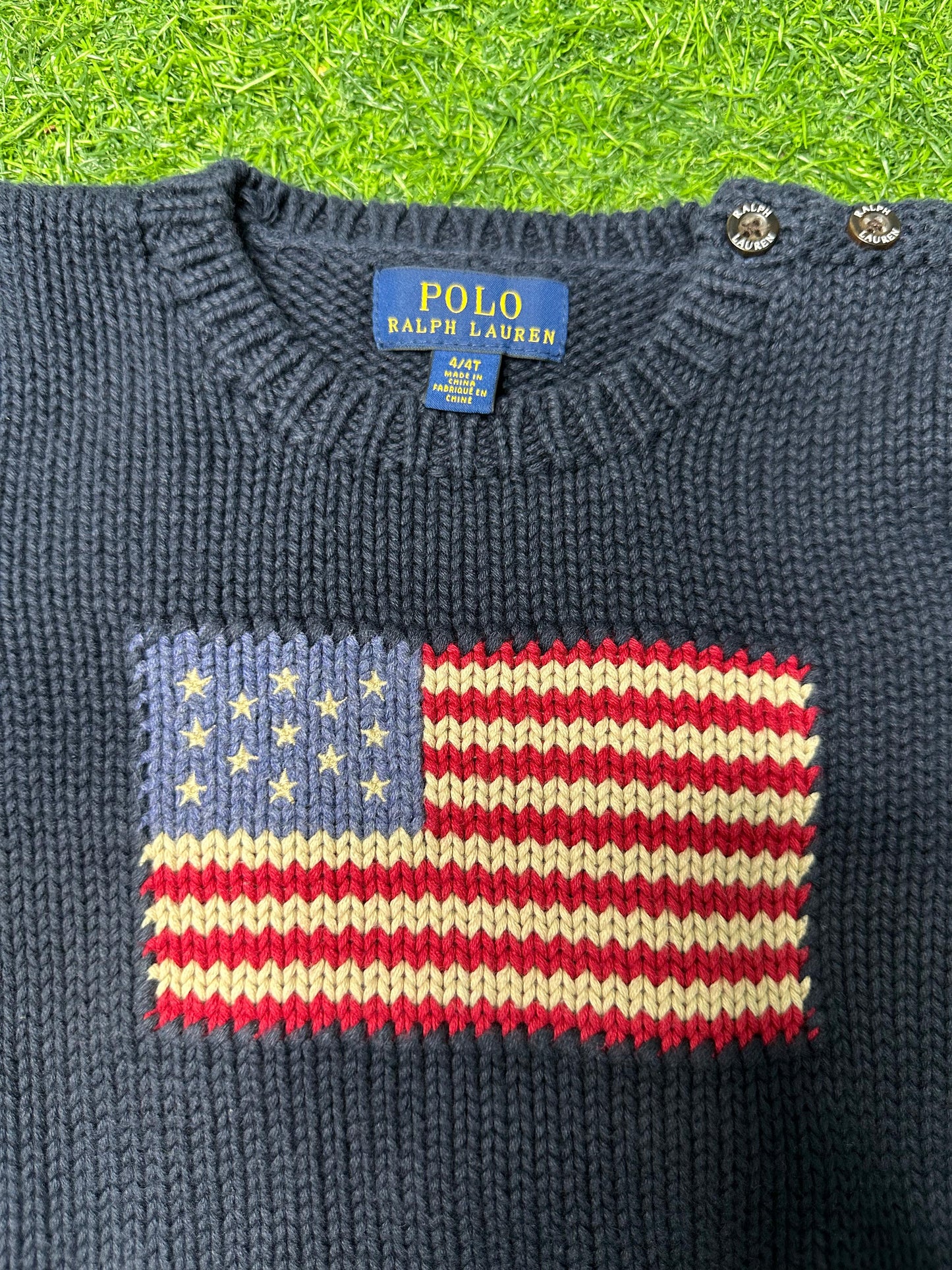 Polo Ralph Lauren Toddler USA Flag Sweater | Size 4/4T | Navy Blue Knit Pullover with Shoulder Buttons | Classic Americana Style | Pre-Owned