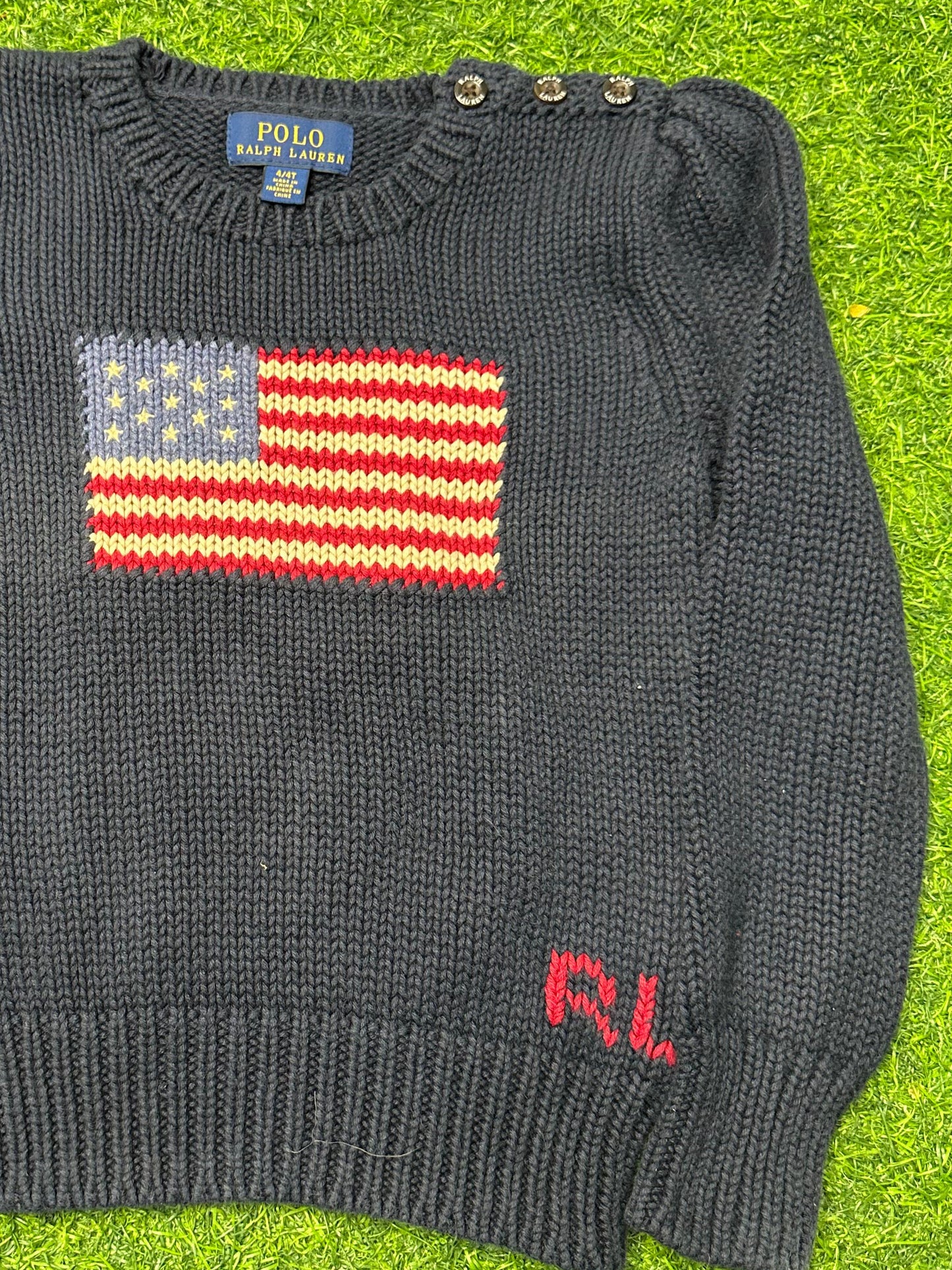 Polo Ralph Lauren Toddler USA Flag Sweater | Size 4/4T | Navy Blue Knit Pullover with Shoulder Buttons | Classic Americana Style | Pre-Owned