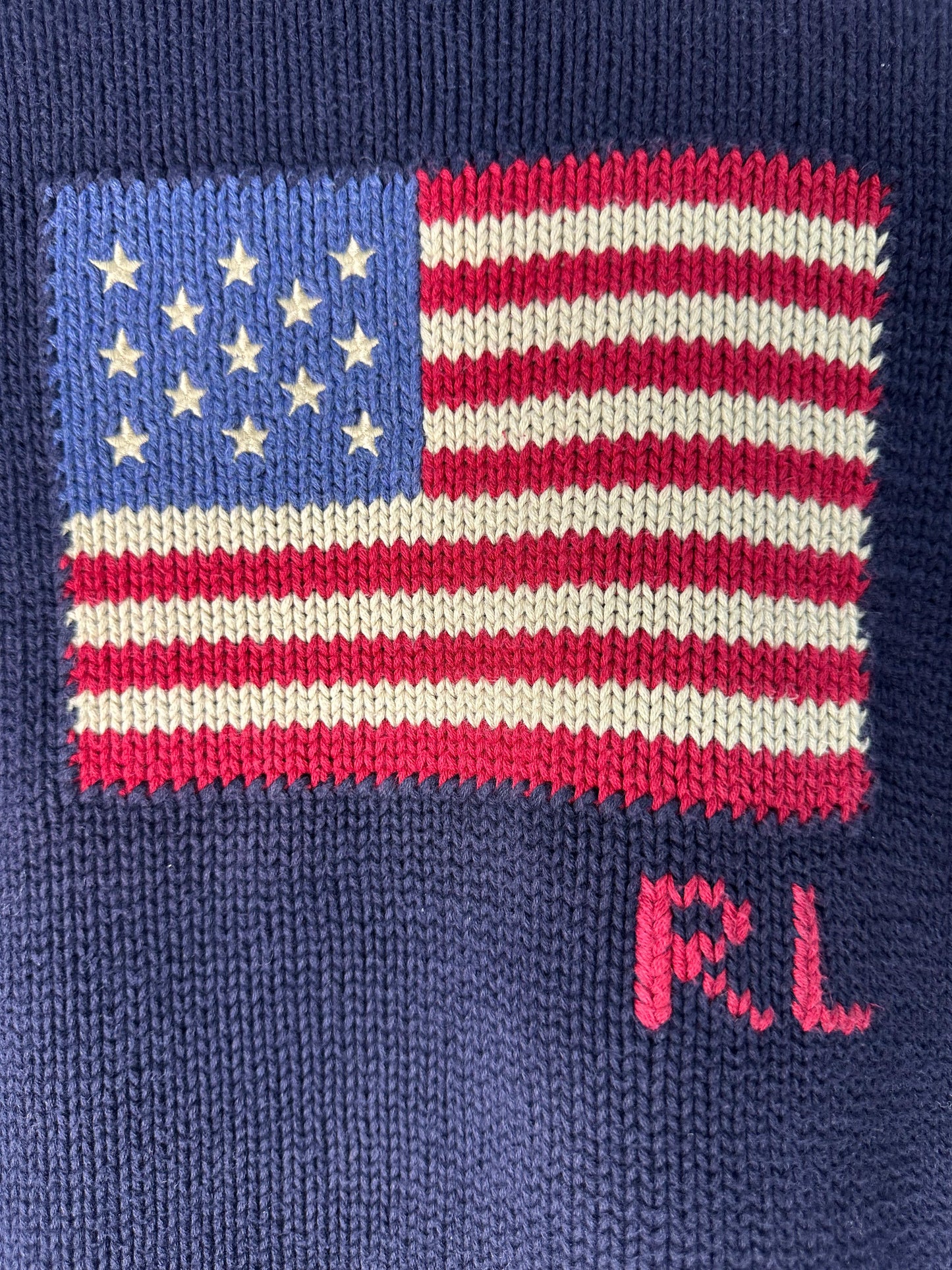 Polo Ralph Lauren Flag Sweater | Size M (10-12) | USA Flag Knit Pullover | Navy Cotton Crewneck | Y2K Preppy Americana Style | Pre-Owned