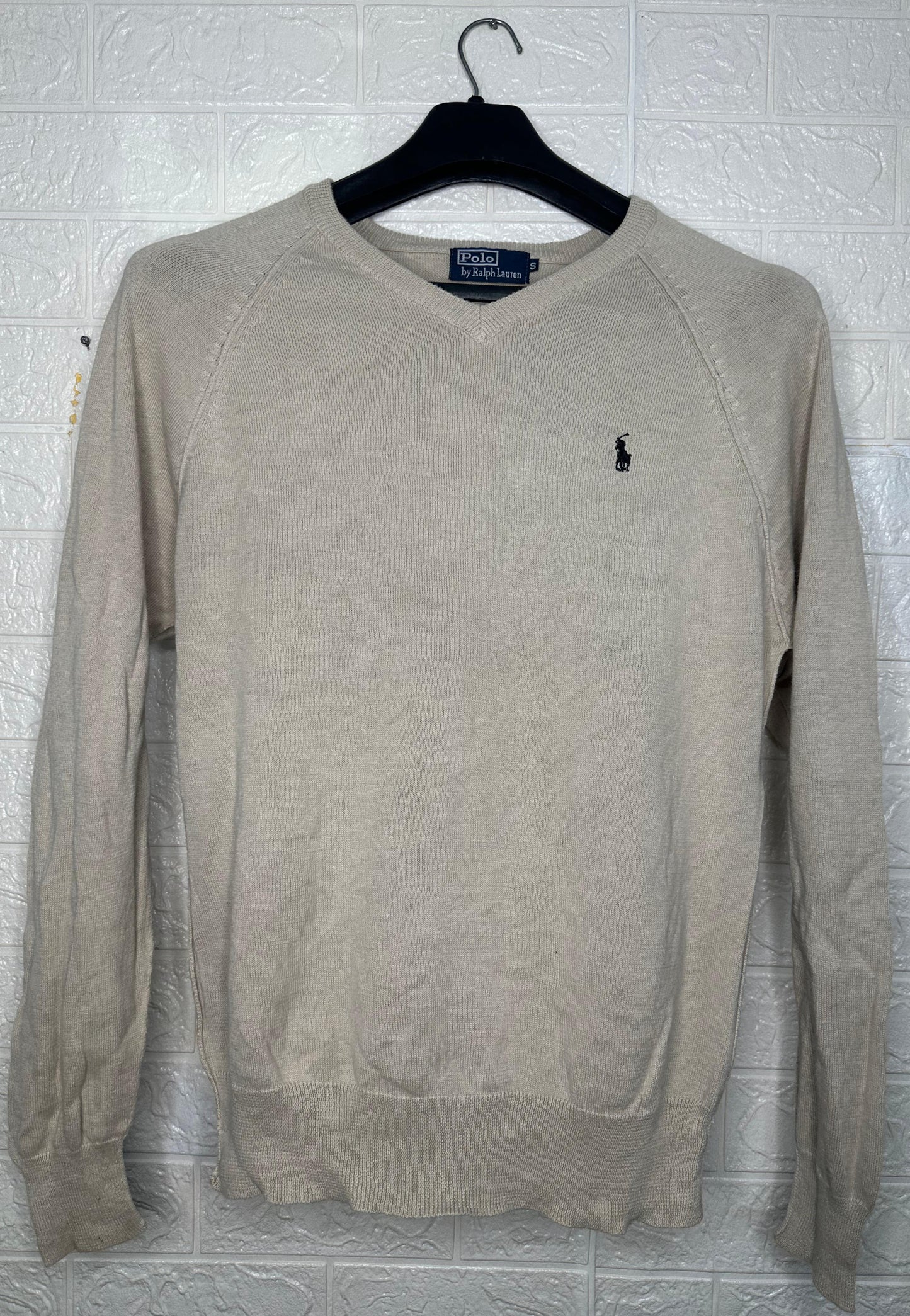 Polo Ralph Lauren V-Neck Sweater | Beige Knit Jumper | Size Small | Classic Polo Pullover