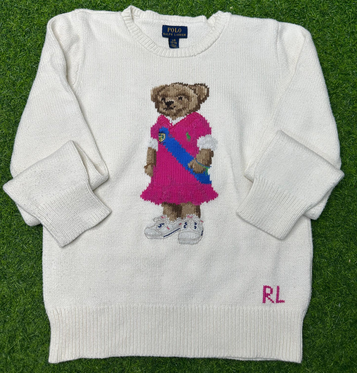 Ralph Lauren Polo Bear Sweater | Size L/G (12–14) | White Knit Pullover | Iconic Preppy Style | Vintage Y2K Polo Bear Crewneck | Pre-Owned