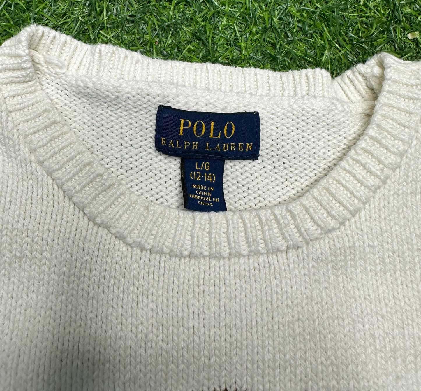 Ralph Lauren Polo Bear Sweater | Size L/G (12–14) | White Knit Pullover | Iconic Preppy Style | Vintage Y2K Polo Bear Crewneck | Pre-Owned