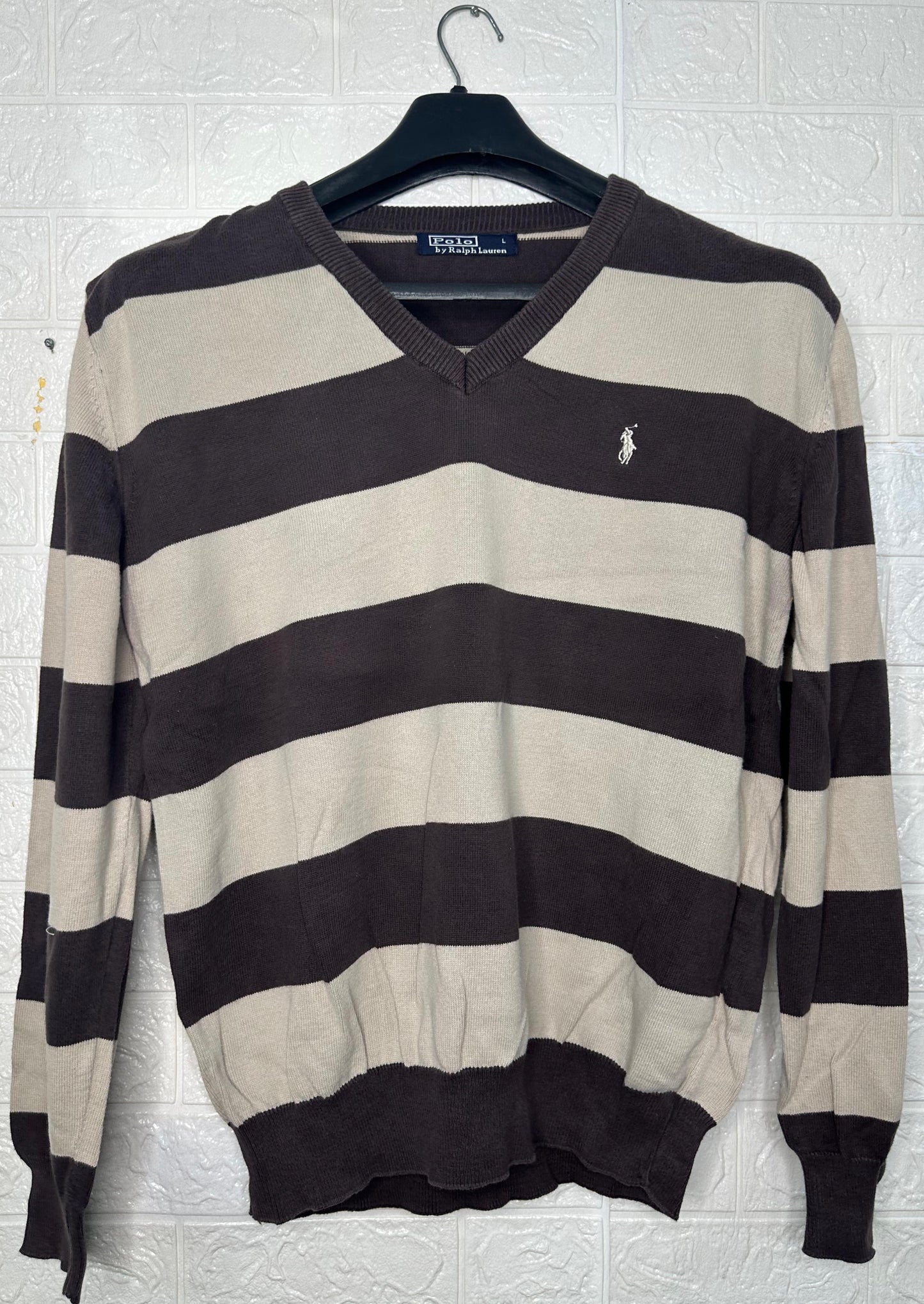 Polo Ralph Lauren Men’s V-Neck Striped Sweater – Brown/Beige, Size Large
