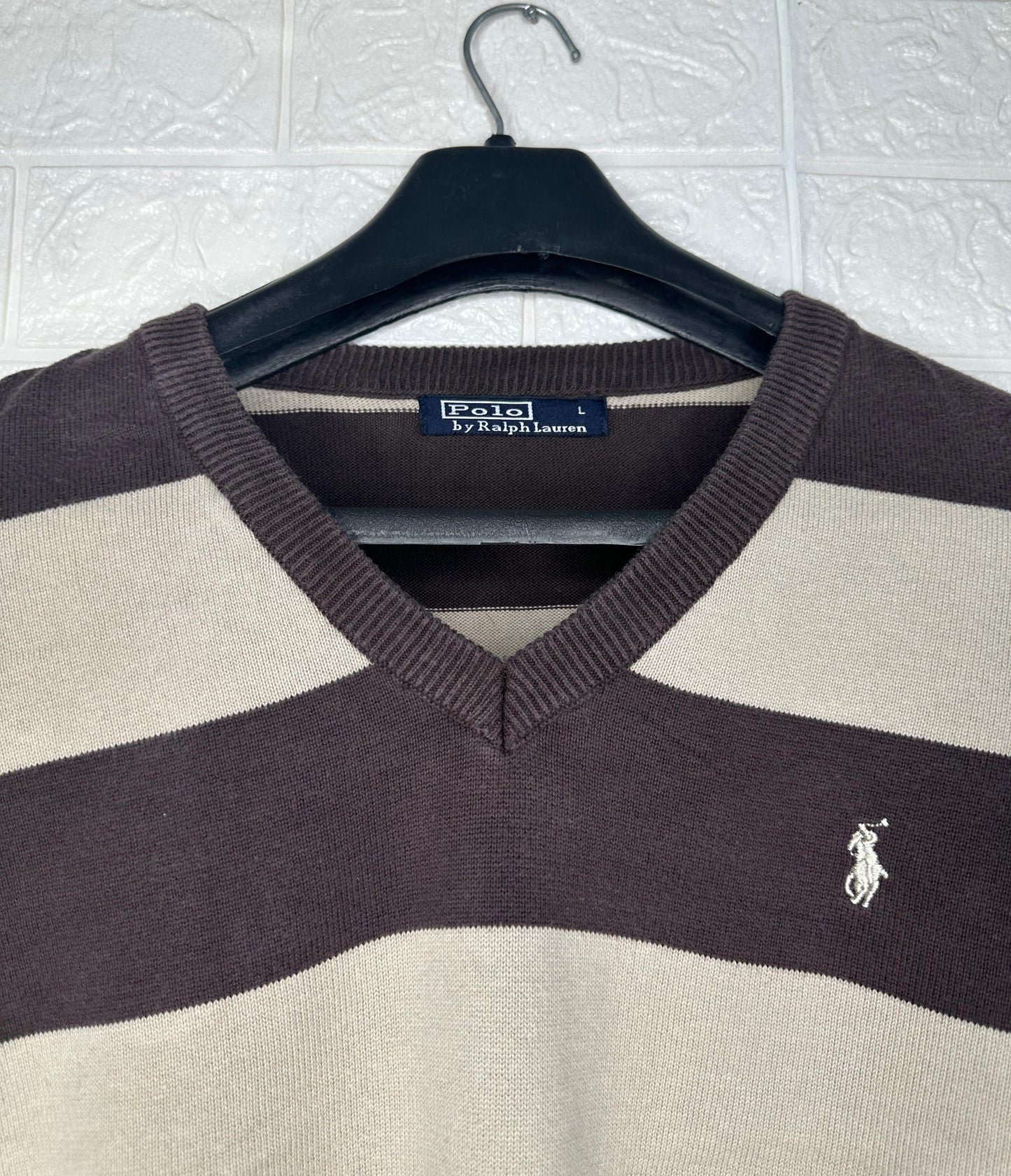 Polo Ralph Lauren Men’s V-Neck Striped Sweater – Brown/Beige, Size Large