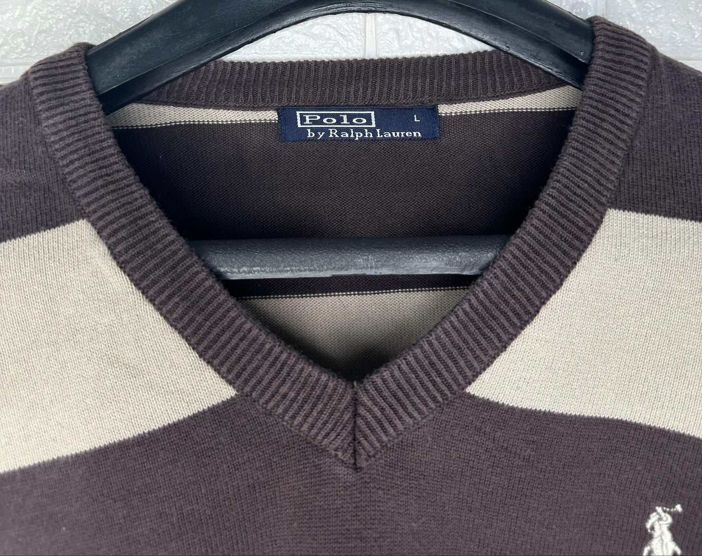 Polo Ralph Lauren Men’s V-Neck Striped Sweater – Brown/Beige, Size Large