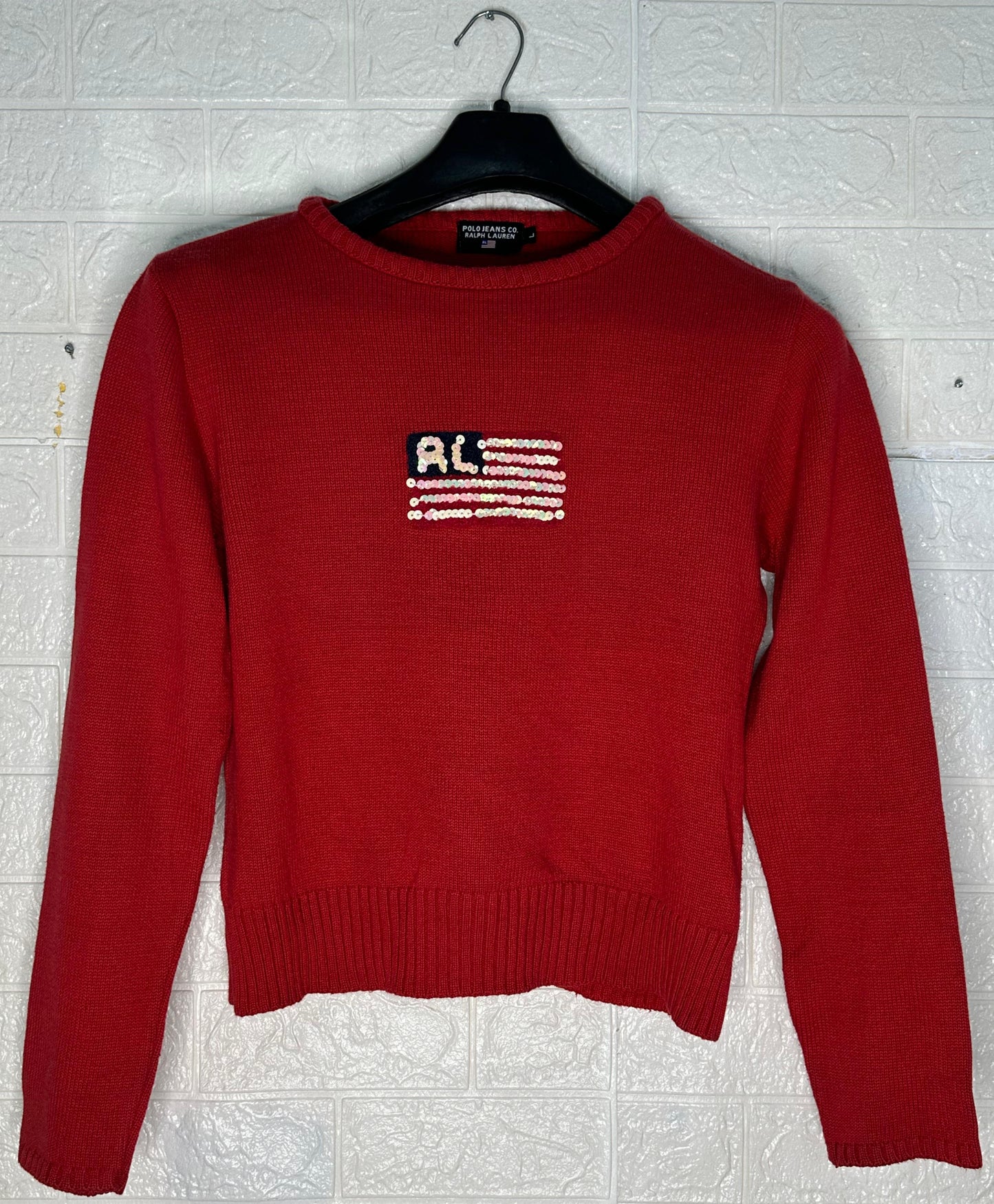 Vintage Polo Jeans Co. Ralph Lauren Flag Sweater | Women’s Size Large | Red Knit Sequin Pullover | Y2K Americana Style | RL USA Sweater