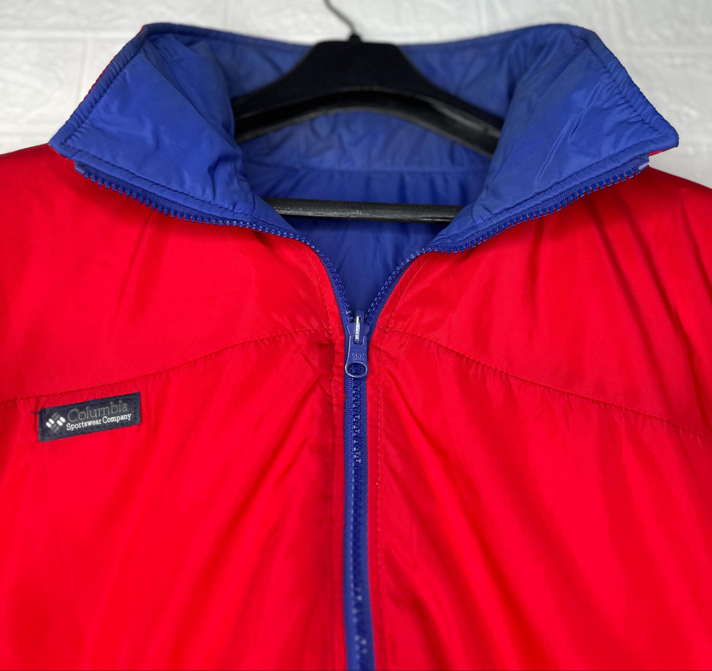 Columbia Vintage Red Puffer Jacket – Blue Trim Winter Coat, Size XL