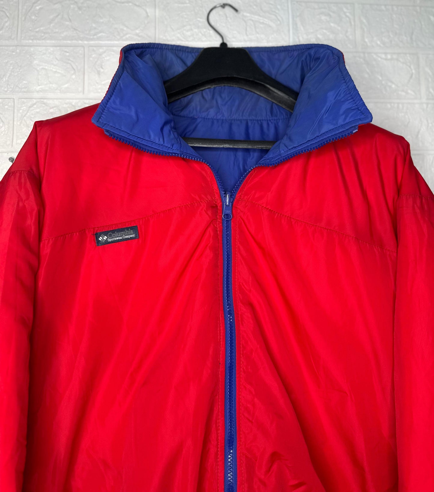 Columbia Vintage Red Puffer Jacket – Blue Trim Winter Coat, Size XL