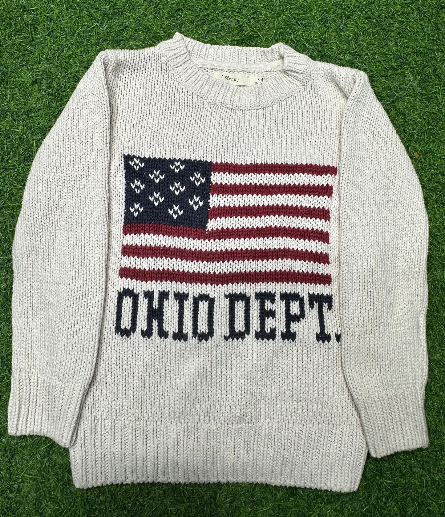 Kids Vintage Style American Flag Sweater | Size 3-4 Years | Ohio Dept Knit Pullover | Patriotic USA Crewneck | Toddler Americana Jumper