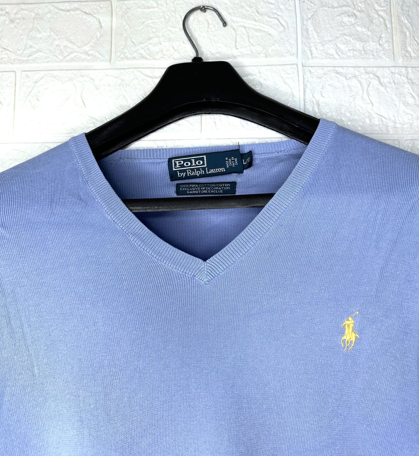 Polo Ralph Lauren Men’s V-Neck Cotton Sweater – Sky Blue, Size Large