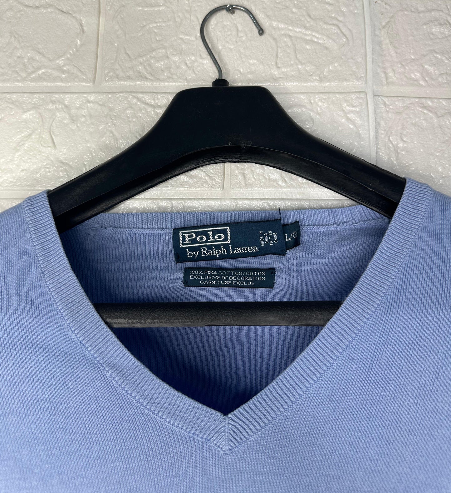Polo Ralph Lauren Men’s V-Neck Cotton Sweater – Sky Blue, Size Large