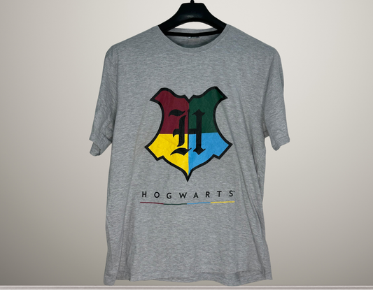 Hogwarts Crest Graphic T-Shirt | Harry Potter House Colors Tee | Official Wizarding World Shirt | Large Grey
