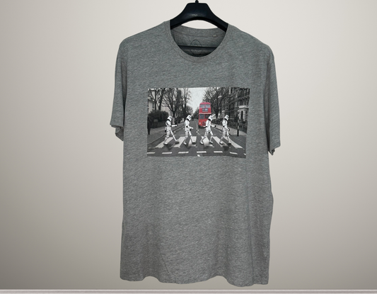 Stormtroopers Abbey Road Graphic T-Shirt | Star Wars Parody Tee | XL Grey Funny Crossover Shirt