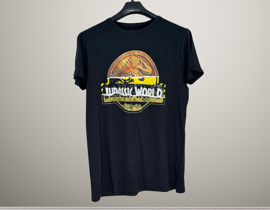 Jurassic World Graphic T-Shirt | Dinosaur Park Logo Tee | Black Movie Fan Shirt | Vintage Adventure Style | Large Size
