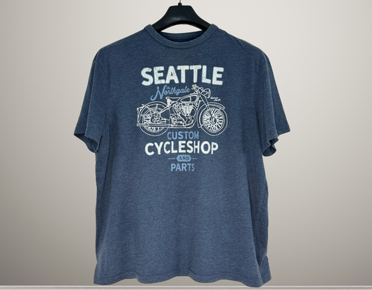 Seattle Cycle Shop Graphic T-Shirt | Size XL | Vintage Motorcycle Print Tee | Custom Parts Garage Style | Biker Streetwear Shirt