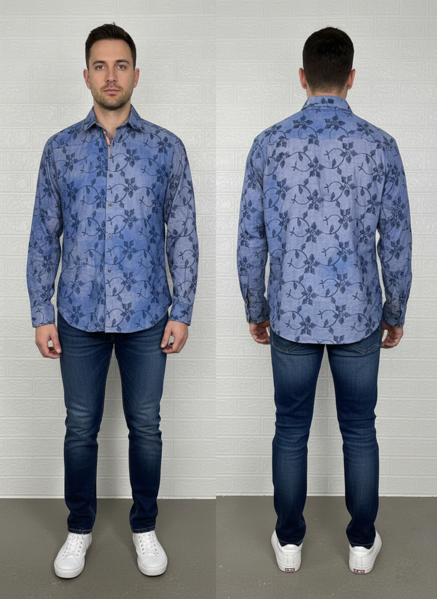 1 like no other Long Sleeve Shirt M - Blue Floral & Leaf Print
