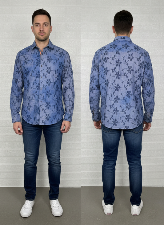 1 like no other Long Sleeve Shirt M - Blue Floral & Leaf Print