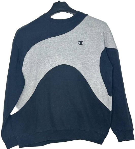 Upcycled Champion Sweatshirt | Grey & Black Color Block Crewneck | Reworked Unisex Streetwear | Sizes S-XL | Sustainable Fashion